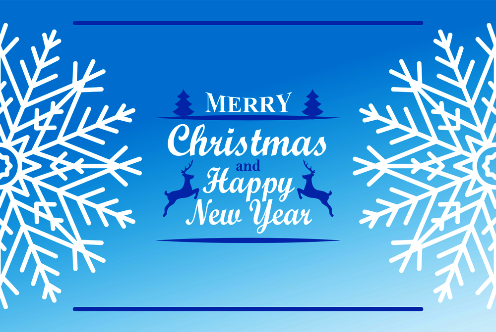 Merry Christmas and Happy New Year inscription decorated by trees and reindeers and snowflakes on both side of poster cover design vector illustration. Merry Christmas Happy New Year Inscription Decor