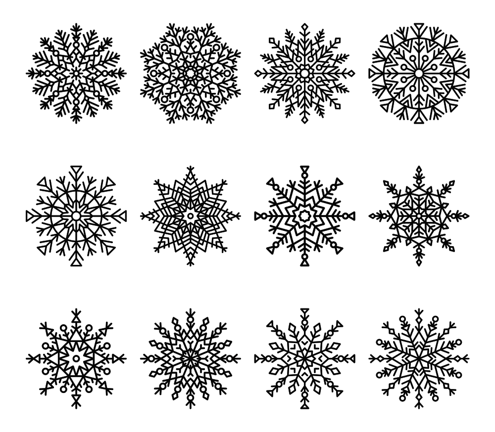 Snowflakes set with frozen items, symmetrical ice crystals made up of lines, circles and triangles, colorless vector illustration isolated on white. Snowflakes Set, Colorless Vector Illustration