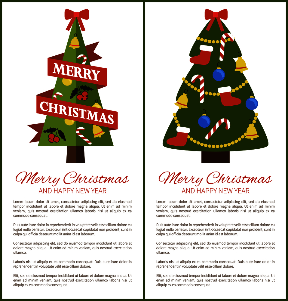 Merry Christmas and Happy New Year posters with pine tree holiday symbol, ribbon and headline, bells and candy mistletoe vector illustrations. Merry Christmas Happy New Year Posters with Tree