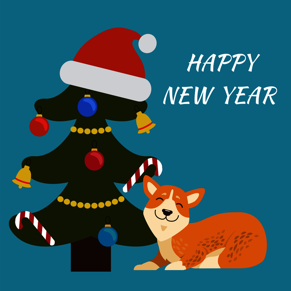 Happy New Year banner with smiling dog of beige and white color and decorated Christmas tree with balls, garlands and Santa&rsquo;s hat vector illustration. Happy New Year Tree and Dog Vector Illustration