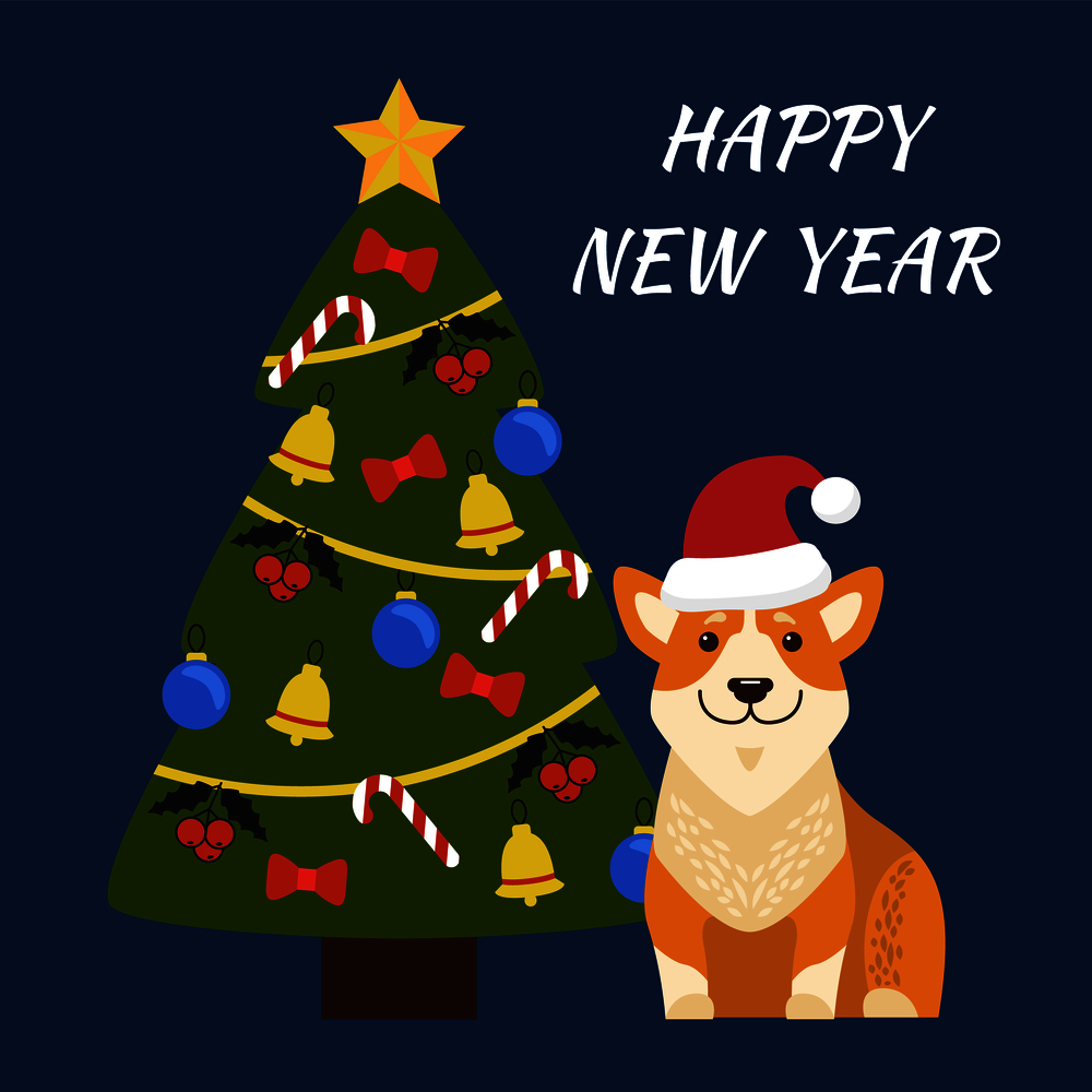 Happy New Year placard, image of dog sitting with Santa Claus hat, tree with star on its top, bell and balls, mistletoe and candies vector illustration. Happy New Year Dog with Hat on Vector Illustration