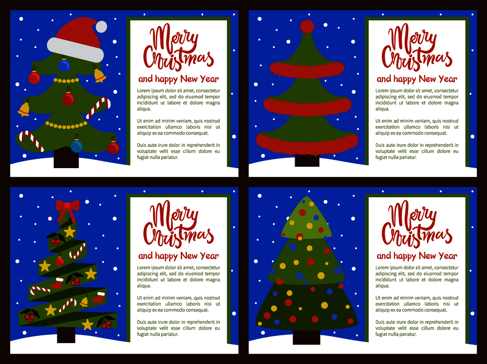 Merry Christmas and Happy New Year posters set, trees ornated with toys in forms of candies and bells, balls and garlands, big red hat of Santa vector. Christmas Tree Ornated with Toys Vector Illustration