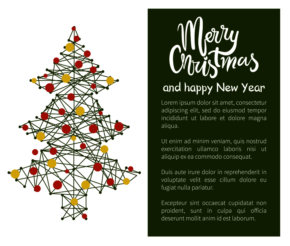 Merry Christmas Happy New Year poster with tree made of abstract lines and dots, silver garlands silhouette vector web banner with place for text. Merry Christmas and Happy New Year Poster Tree