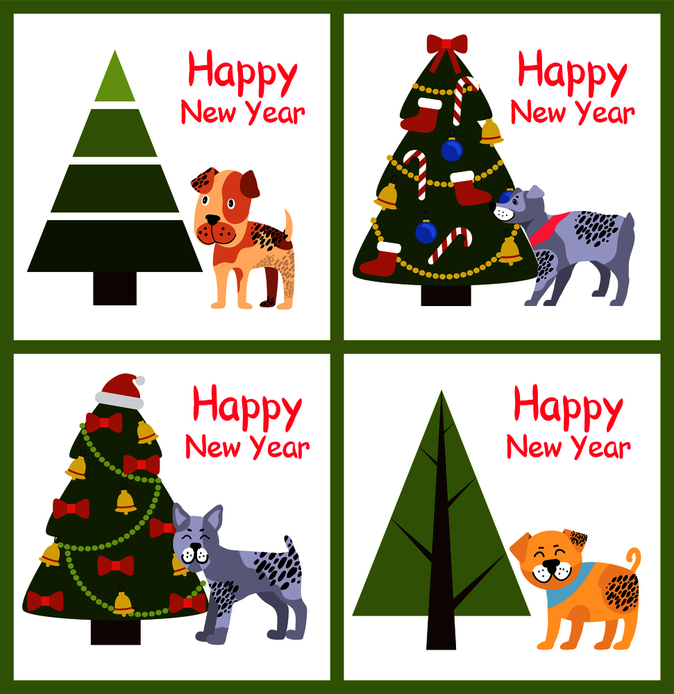 Happy New Year posters set with dog symbol of coming 2018 year and decorated and natural Christmas trees vector illustration greeting cards isolated. Happy New Year Posters Set Xmas Dogs Symbol Trees