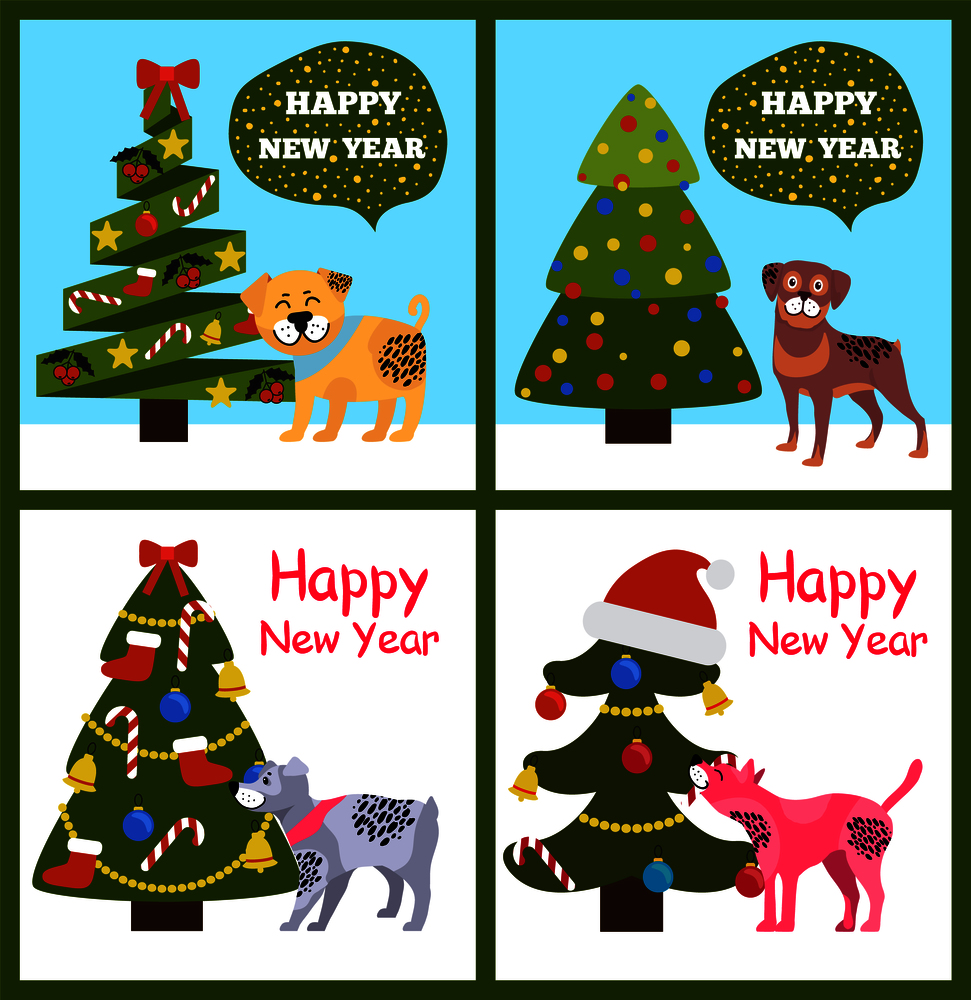 Happy New Year posters with congratulations from cartoon dogs and abstract xmas trees vector illustration greeting cards isolated on white background. Happy New Year Posters Set Christmas Trees Puppies
