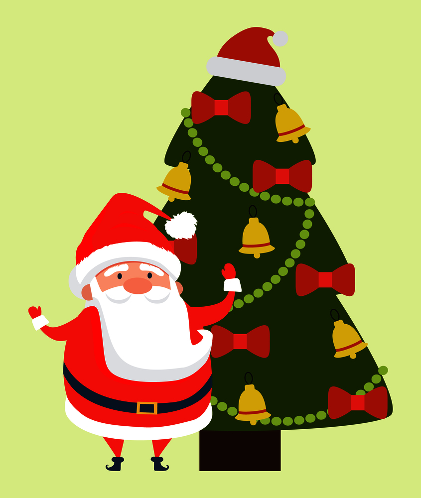 Congratulations from Santa Claus wishing Merry Christmas and Happy New Year, man in warm cloth, fairy tale cartoon character vector greeting card design. Congratulations Santa Claus wishing Merry Xmas