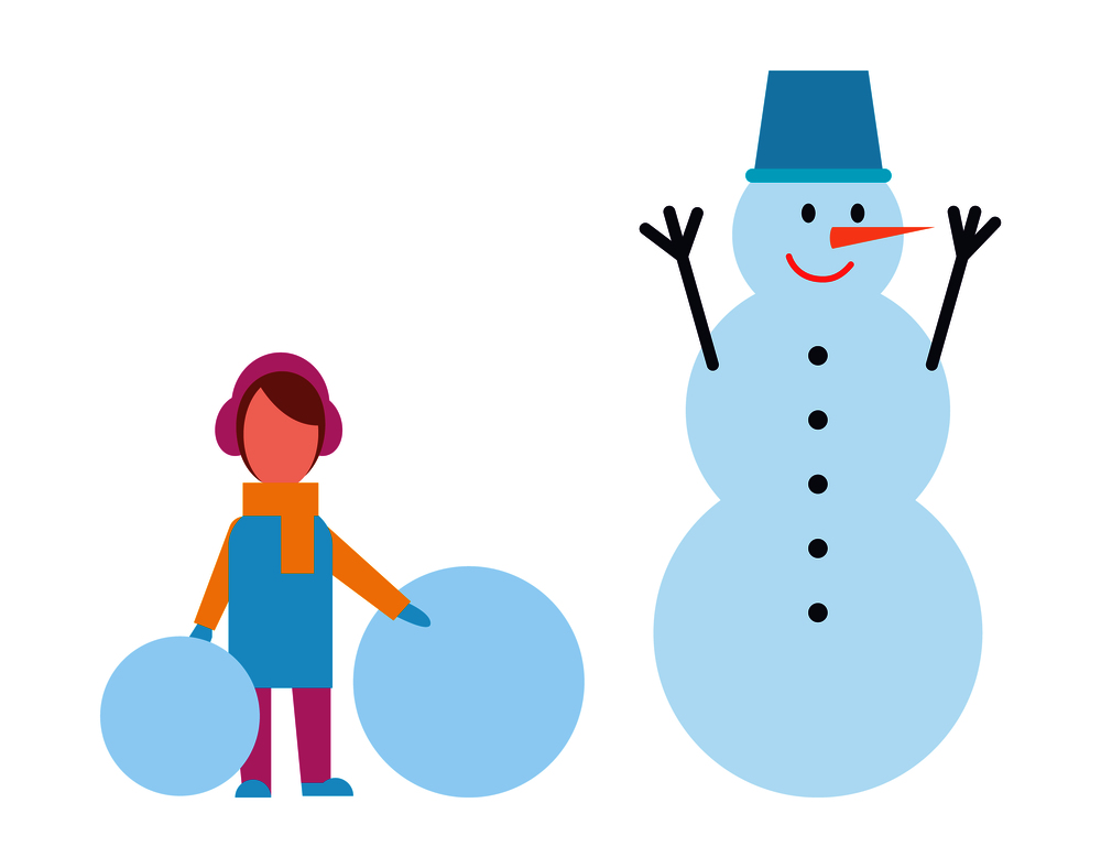 Girl in warm cloth holds two balls of snow and snowman with metal basket on head, smiling winter character with carrot nose, vector isolated on white. Girl in Warm Cloth Hold Balls of Snow and Snowman