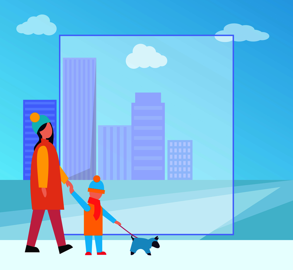 Winter and cityscape poster, mother and son walking their dog together, transparent filling form, buildings and skyscrapers vector illustration. Winter and Cityscape Poster Vector Illustration
