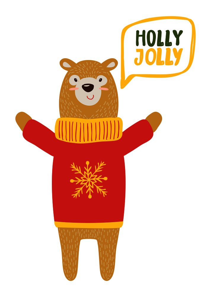 Holly Jolly congratulation icon from bear in sweater with knitted snowflake isolated on white background. Vector illustration with animal in warm clothes. Holly Jolly Congratulation Vector Illustration