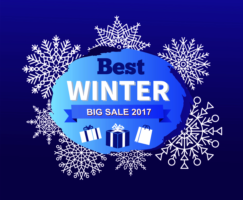 Best winter big sale 2017, promotional poster with unique snowflakes, headline in circle and ribbon and icon of present, vector illustration. Best Winter Big Sale 2017 Vector Illustration