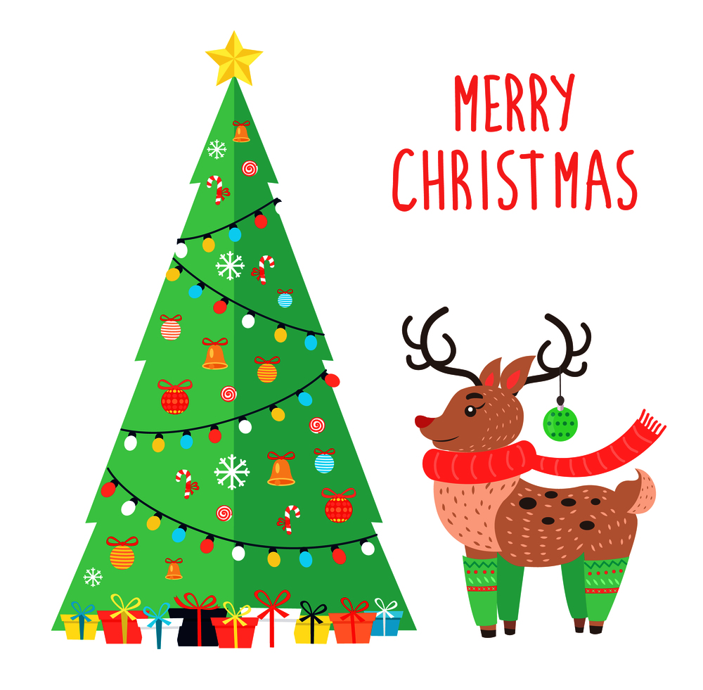 Merry Christmas greetings from cartoon reindeer in warm scarf with horns decorated by ball near xmas tree topped by golden star vector illustration. Merry Christmas Greetings from Cartoon Reindeer