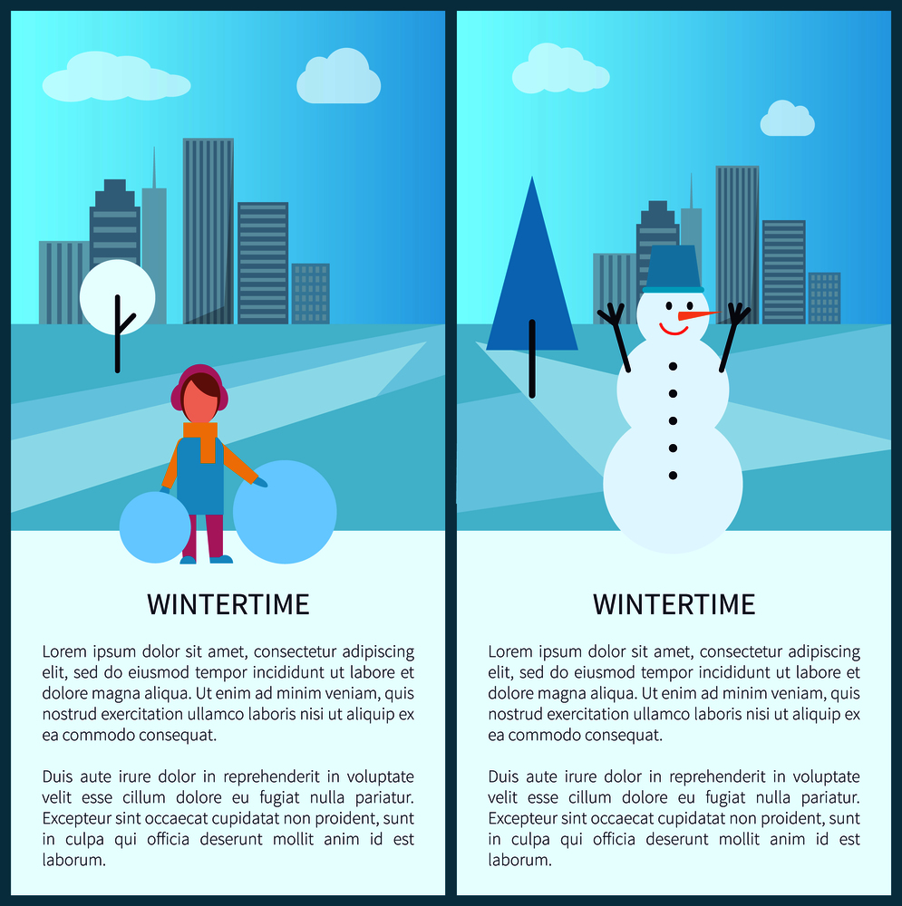Wintertime banners collection, text sample and letterings, girl dressed in warm clothes with snowballs, snowman and cityscape vector illustration. Wintertime Banners Collection Vector Illustration