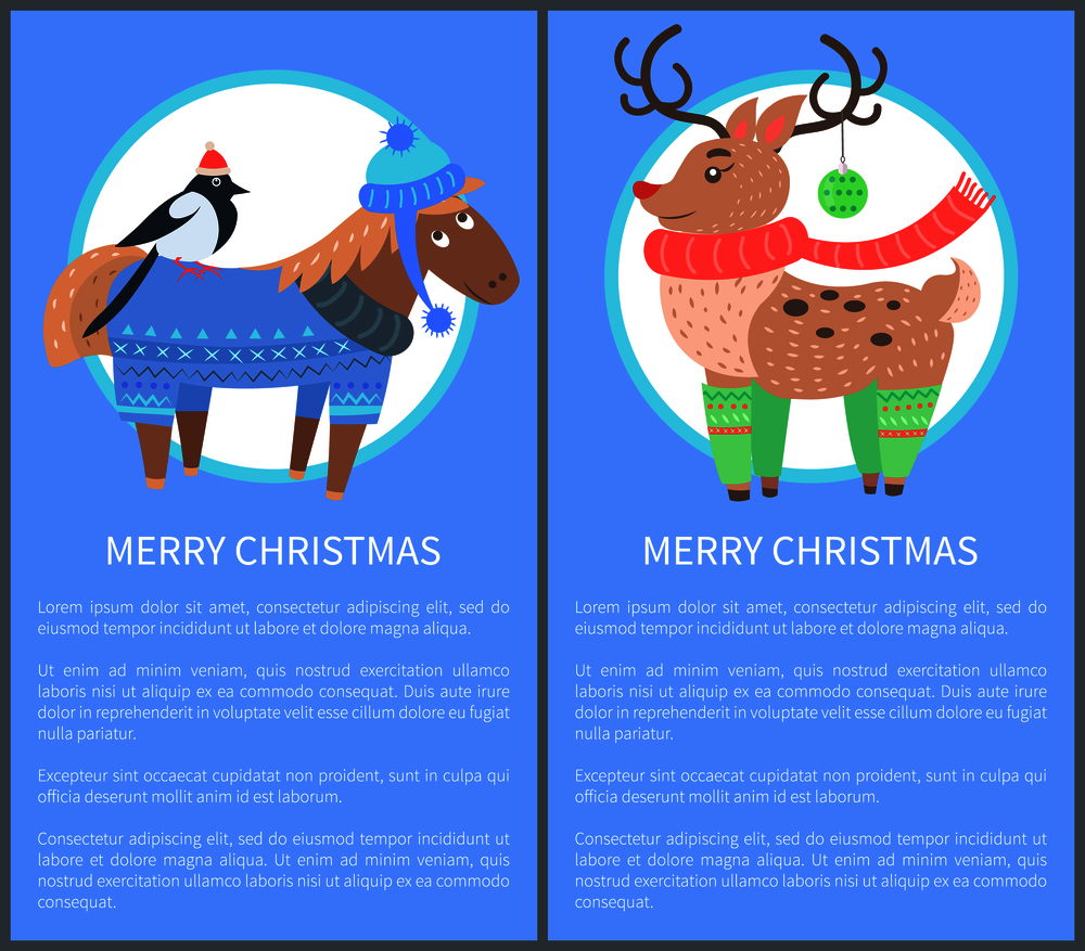 Merry Christmas postcard with horse wearing sweater and hat and bullfinch sitting on its back and deer rudolf, vector illustration isolated on blue. Merry Christmas Postcard with Horse Bullfinch Deer