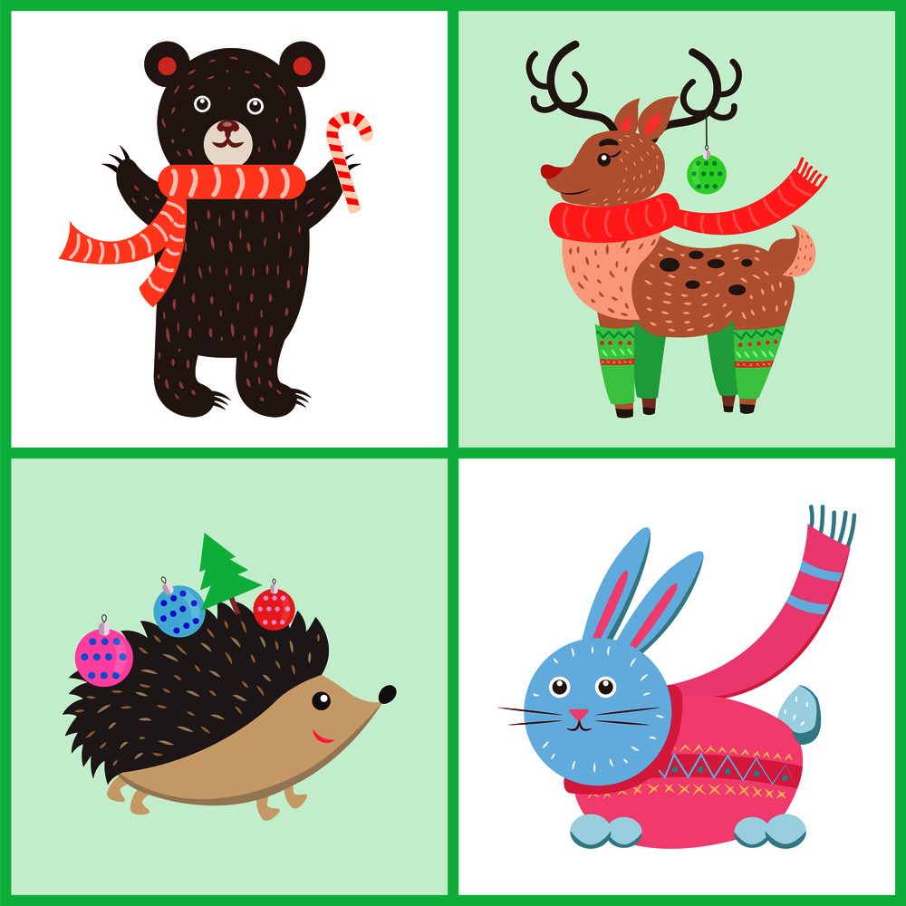 Animals in warm clothes isolated on white background. Vector illustration with bear and deer with scarf, hedgehog and hare in sweater. Animals in Warm Clothes Vector Illustration