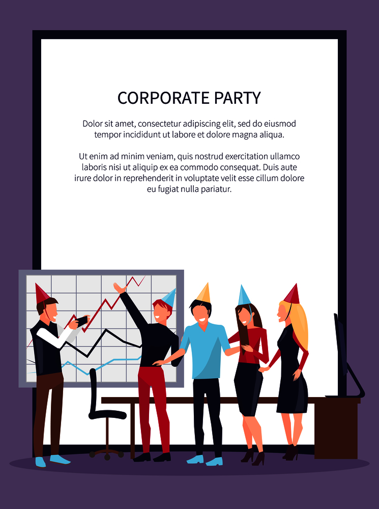 Corporate party, people celebrating success of company in office with whiteboard vector illustration in teambuilding concept with frame and text. Corporate Party Celebrating Vector Illustration