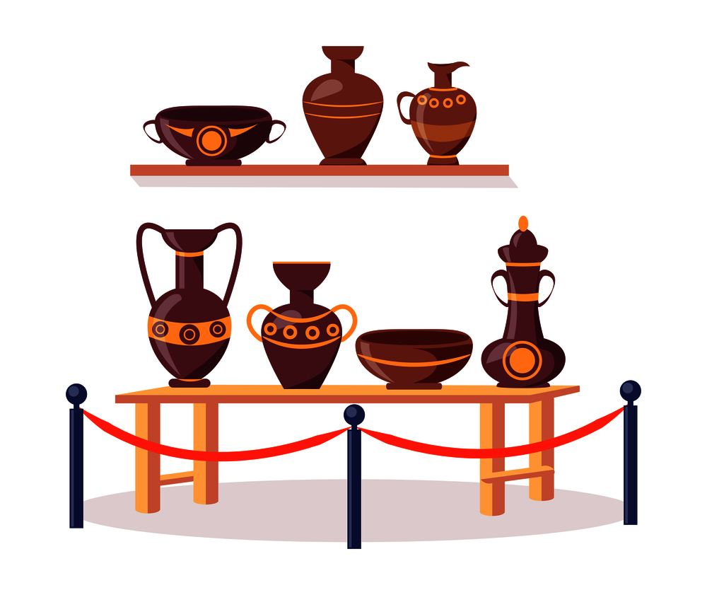 Set of ancient Greek pottery on wooden shelf and short table fenced off by metal railing stand with red rope isolated vector illustration on white. Set of Ancient Greek Pottery Isolated Illustration