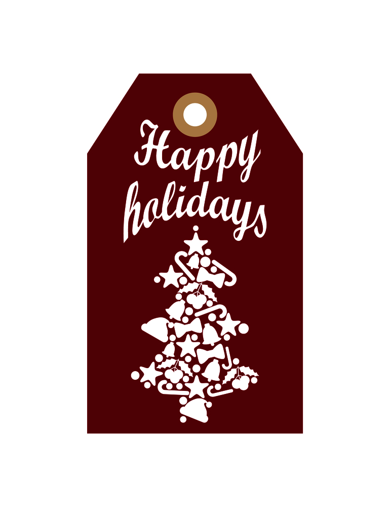 Happy holidays promo label with silhouette of New Year tree made of Christmas symbols, greeting tag abstract doodle white spruce on burgundy backdrop. Happy Holidays Promo Label with Silhouette of Tree