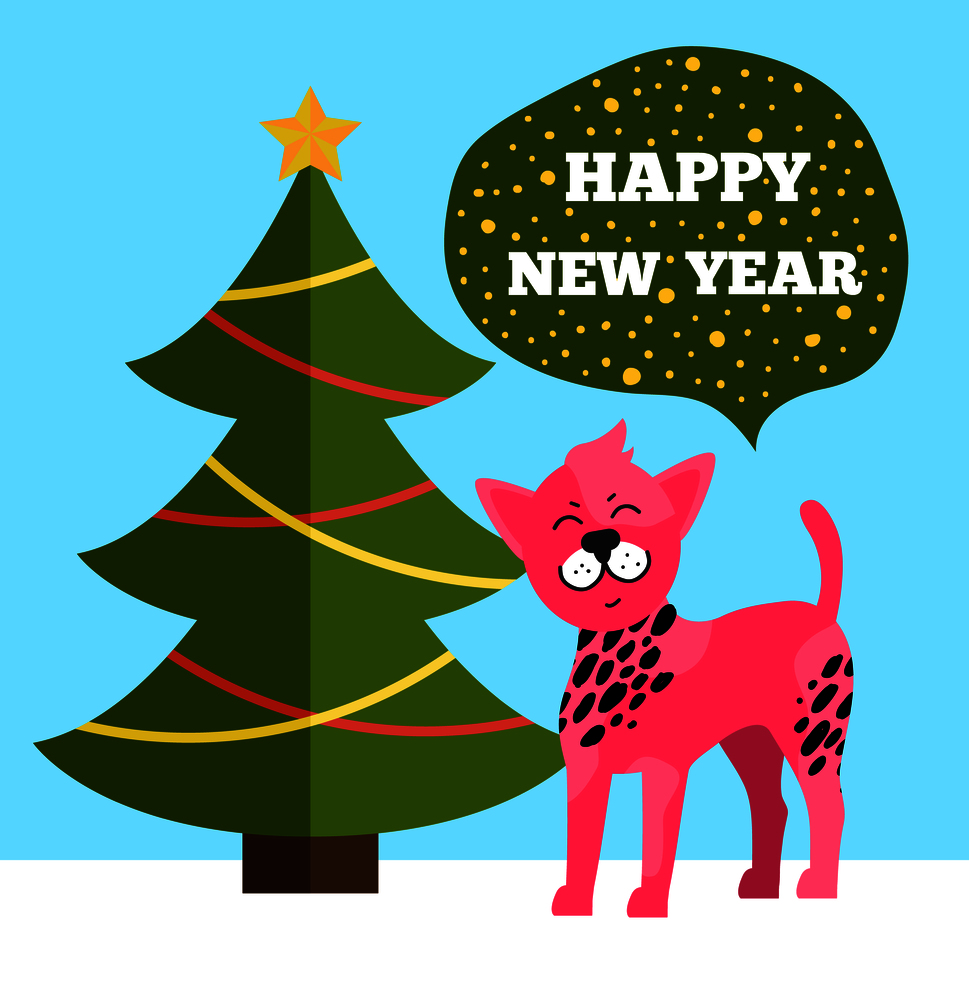 Happy New Year greetings poster evergreen Christmas tree with color garlands and pink cartoon dog having black spots vector illustration symbols icons. Happy New Year Greetings Poster Christmas Tree Dog