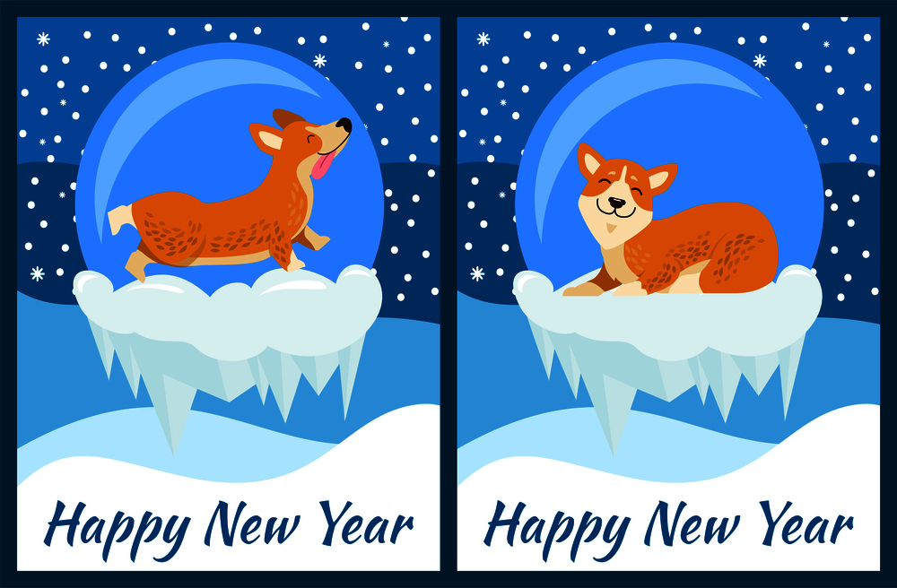 Happy New Year congratulation from playing on snow corgi on blue background with snowfall. Vector illustration with cute dog Chinese symbol of coming year. Happy New Year Congratulation from Playing Corgi
