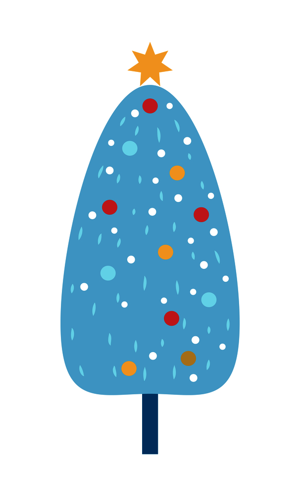 Decorated Christmas tree icon isolated on white background. Vector illustration with blue spruce decorated with bright balls and shiny golden star on top. Decorated Christmas Tree Icon Vector Illustration