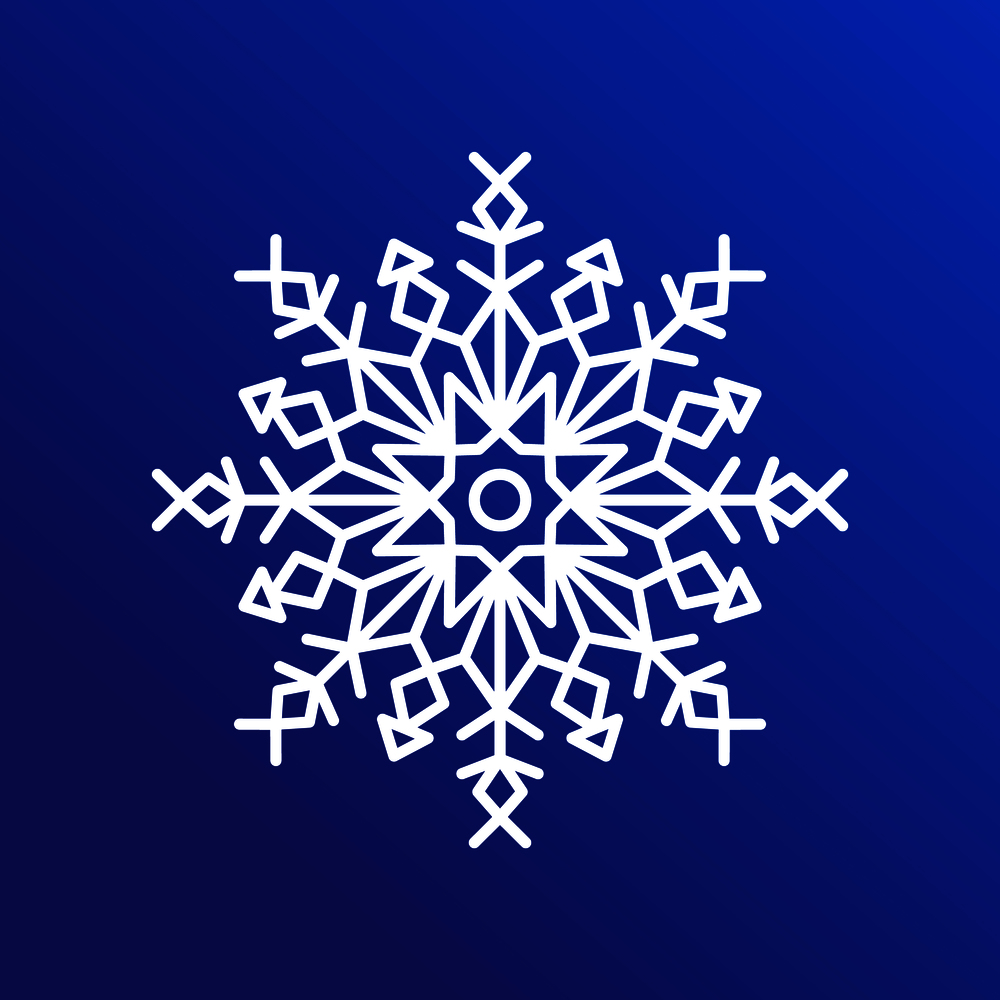 Snowflake single icon in details, closeup of ice crystal with geometric shapes of circle, lines and triangles, vector illustration isolated on blue. Snowflake Single Icon on Blue Vector Illustration