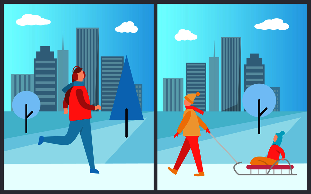 Man skiing on ice and woman with kid sitting on sledge, holidays of people in city, cityscape with trees and skyscrapers vector illustration. Man Skiing and Woman with Kid Vector Illustration