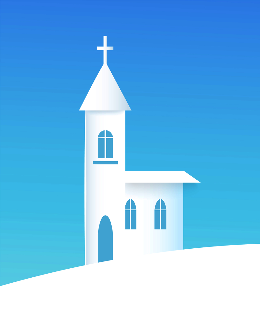 Winter poster with church and cross on it towers top, silhouette of building with windows, snowy weather and snow, banner vector illustration. Winter Poster with Church Vector Illustration