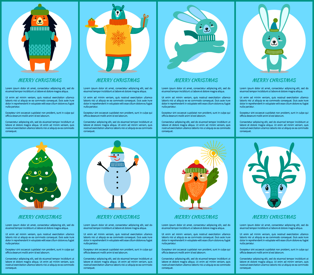 Merry Christmas set of posters with happy animals dressed in warm knitted clothes. Vector illustration with decorated xmas tree on light blue background. Merry Christmas Set of Posters with Happy Animals