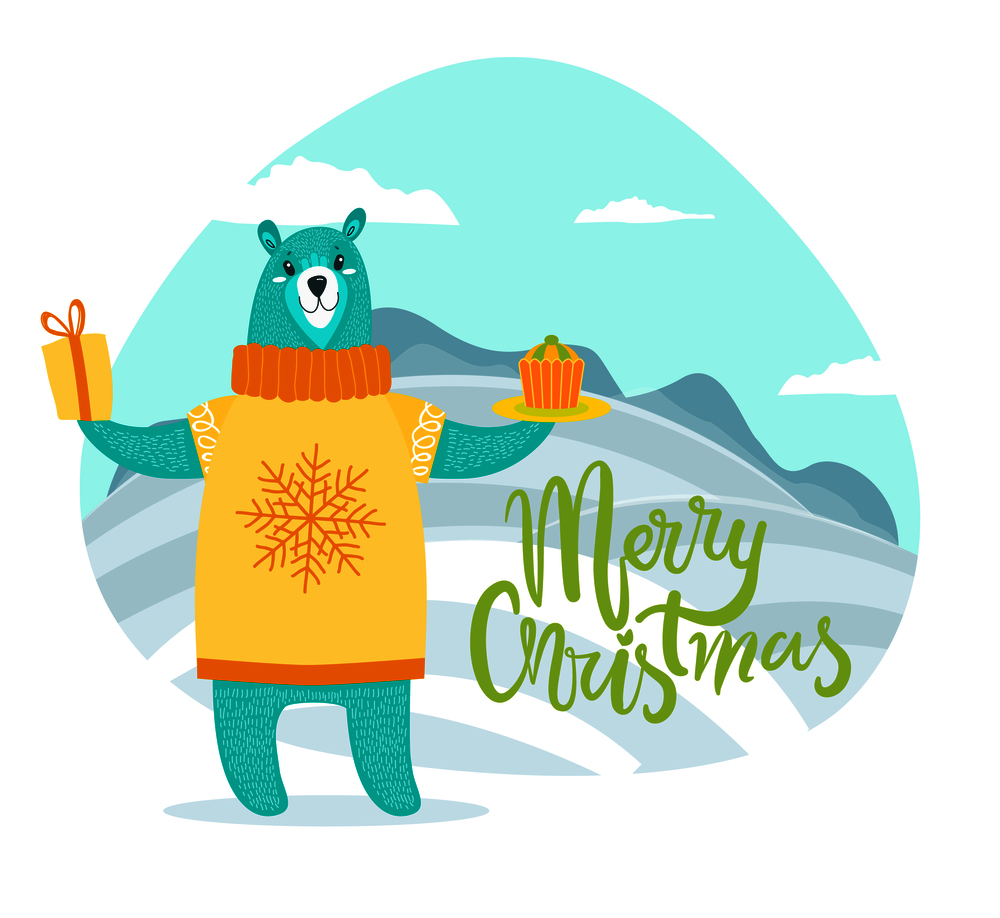 Merry Christmas greeting card with bear in sweater, holds present with bow and delicious cupcake on plate isolated cartoon vector on winter landscape. Merry Christmas Greeting Card with Bear in Sweater