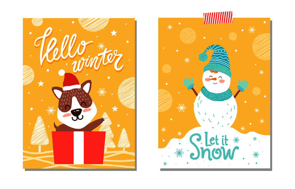 Hello winter and let it snow, designed card, images of dog in box that is present and snowman wearing gloves and hat isolated on vector illustration. Hello Winter Let It Snow on Vector Illustration