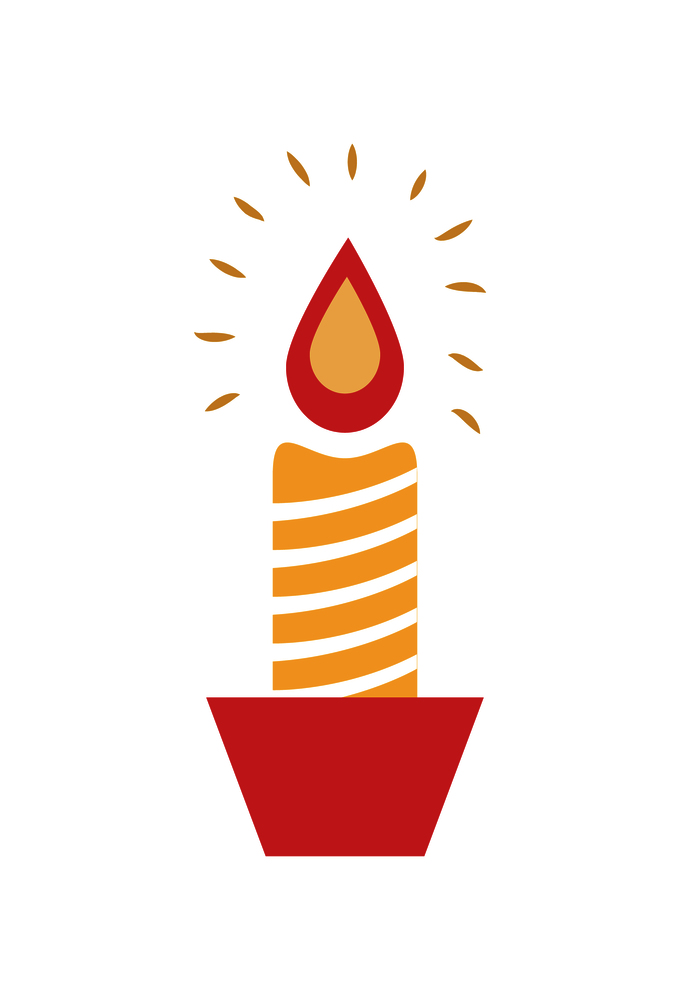 Burning wax candle in candlestick vector illustration isolated on white. Striped burning element holiday decorative symbol, flame with sparkles. Burning Wax Candle Candlestick Vector Illustration