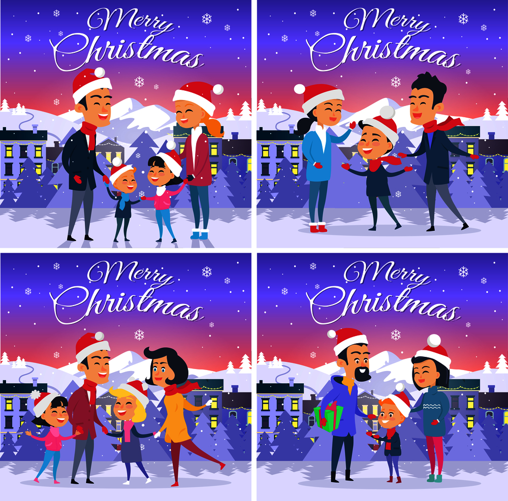 Merry Christmas on city and blue sky background. Vector illustration of happy family father mother and children in the street. Behind house are white fir trees mountains path and block of flats.. Merry Christmas on City and Blue Sky Background
