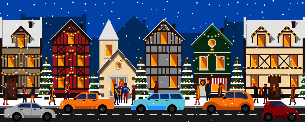 Row of houses decorated with luminous garlands beside road full of cars and people on street exchange Christmas presents cartoon vector illustration.. Row of Houses Decorated with Luminous Garlands
