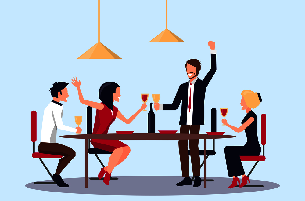 People drinking red wine and partying together, man saying toast and his co-workers listen to him, yellow lamps and vector illustration. Drinking and Partying People Vector Illustration
