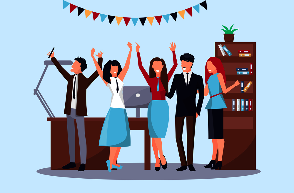 Happy people celebrating their success in office workplace including table, computer and drawers, as well as flags vector illustration. Happy People in Office on Vector Illustration