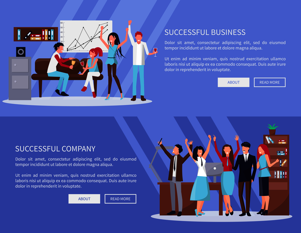 Successful business and company, pages with text sample and two buttons in it, workers relaxing and celebrating in office vector illustration. Successful Business &Company Vector Illustration
