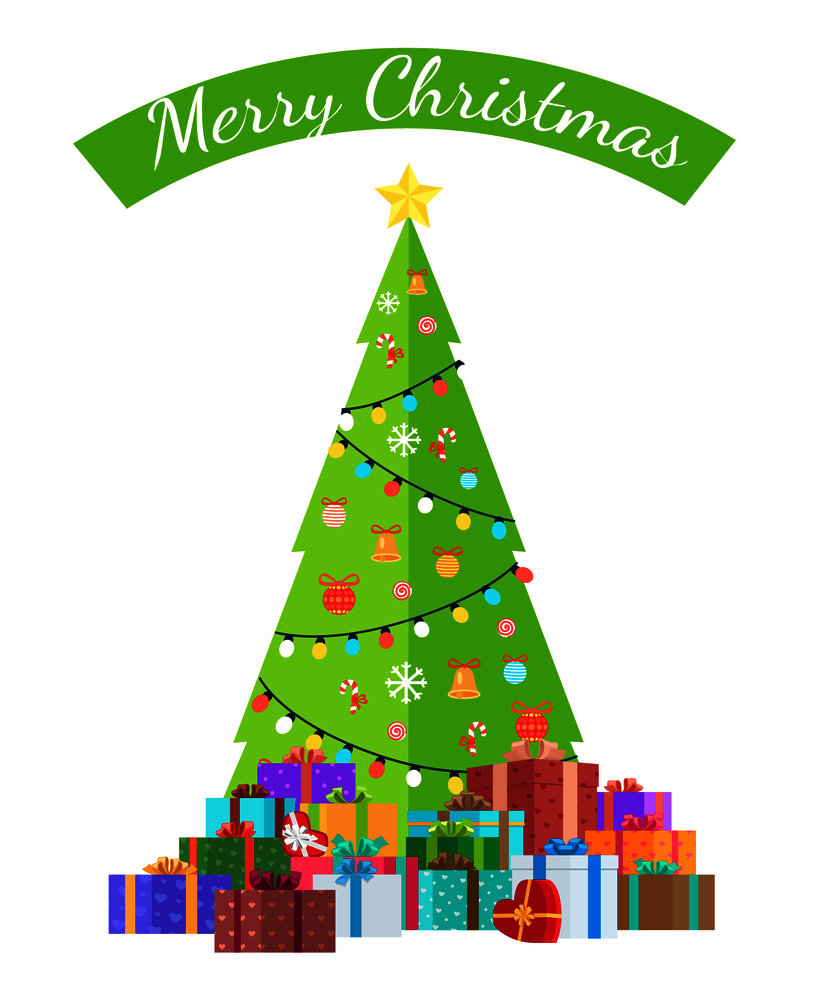 Merry Christmas congratulation poster, bright spruce decorated by colorful balls and garlands. Vector illustration with tree isolated on white background. Merry Christmas Congratulation from Bright Spruce