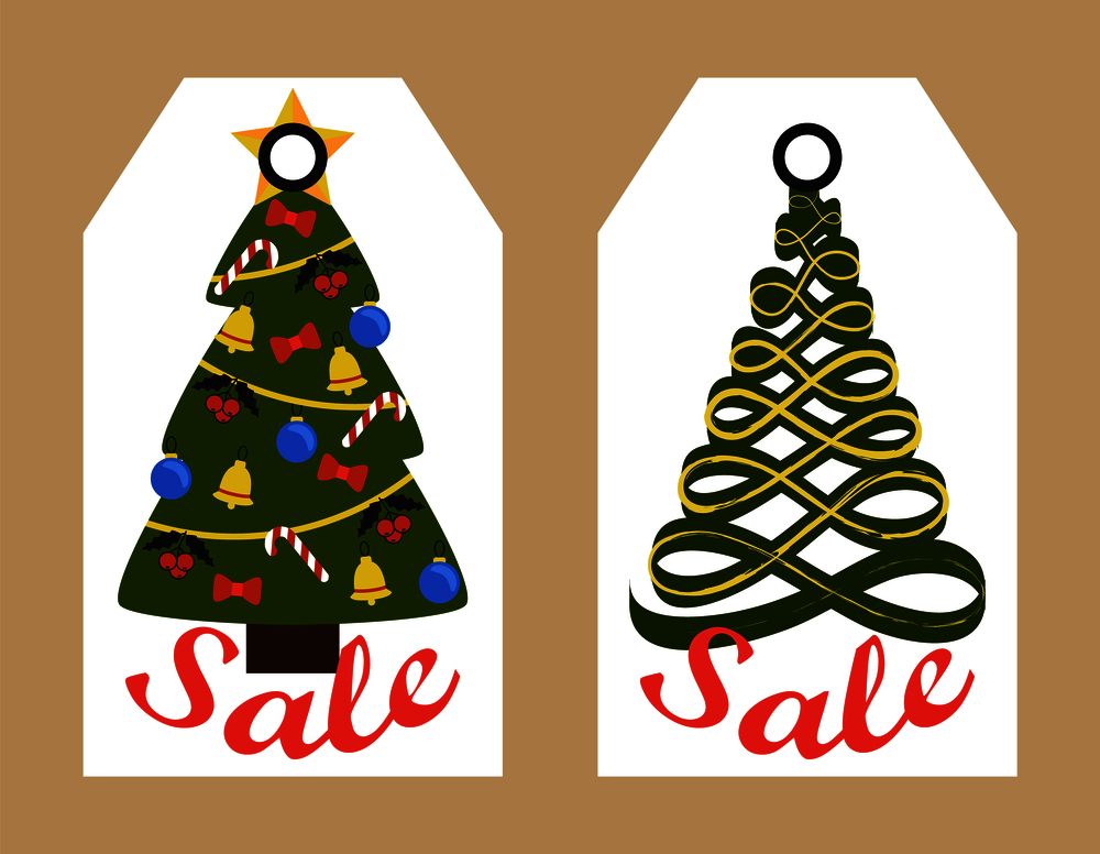 Sale tags with New Year decorated and abstract Christmas trees hanging sticker badges, shopping promotional labels announcements about discounts. Sale Decorative Tags with New Year Decorated Trees