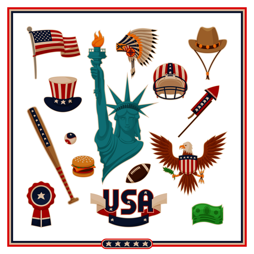 USA country symbols isolated vector illustrations set. Liberty statue, baseball equipment national flag, creative hats, noble eagle and fast food.. USA Country Symbols Isolated Illustrations Set