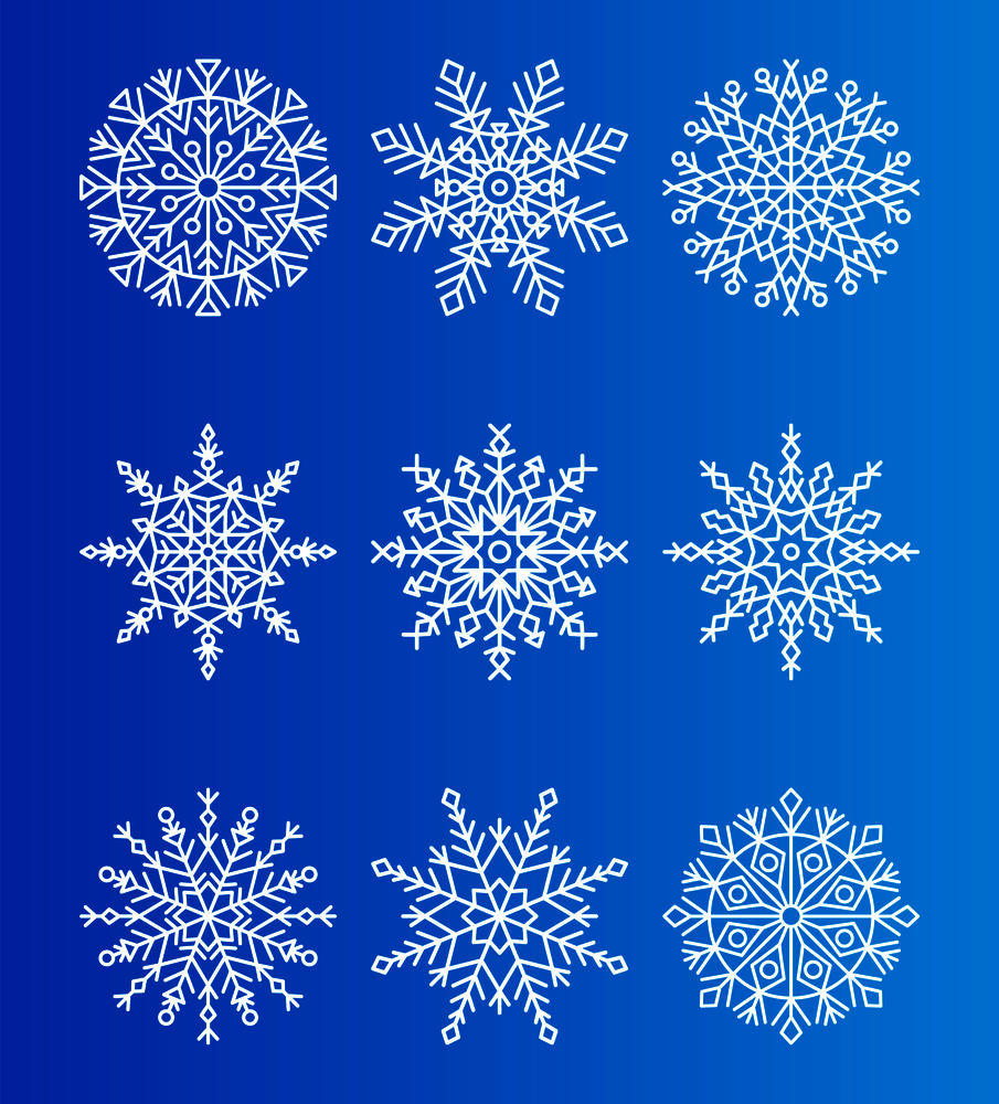 Snowflakes unique ice crystals ornamental patterns of different shapes vector illustration isolated on blue, small parts of snow, snowballs set. Snowflakes Unique Ice Crystals Ornamental Patterns
