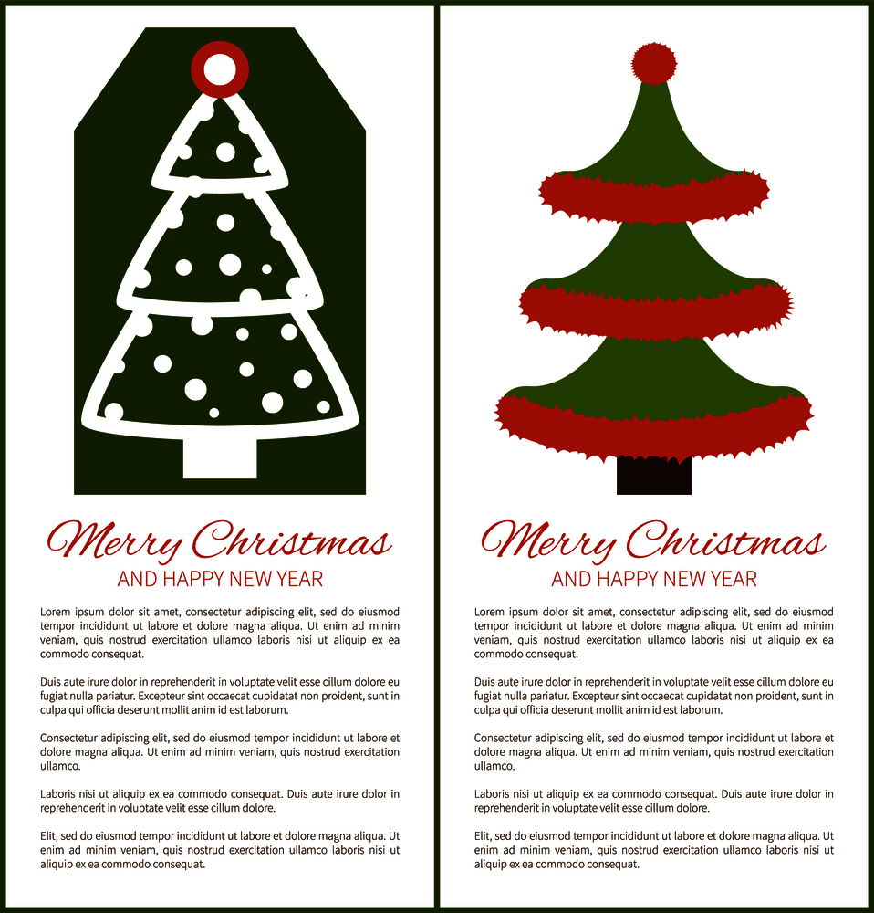 Merry Christmas and Happy New Year posters tree made up of red tinsel placed on borders, celebration symbol of winter holidays vector illustrations set. Merry Christmas Happy New Year Posters with Tree