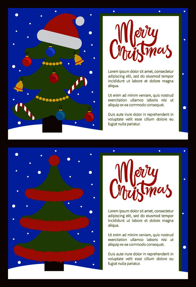 Merry Christmas and Happy New Year posters with tree made up of red tinsel, celebration symbol of winter holidays vector illustration banners with text. Merry Christmas Happy New Year Posters with Tree
