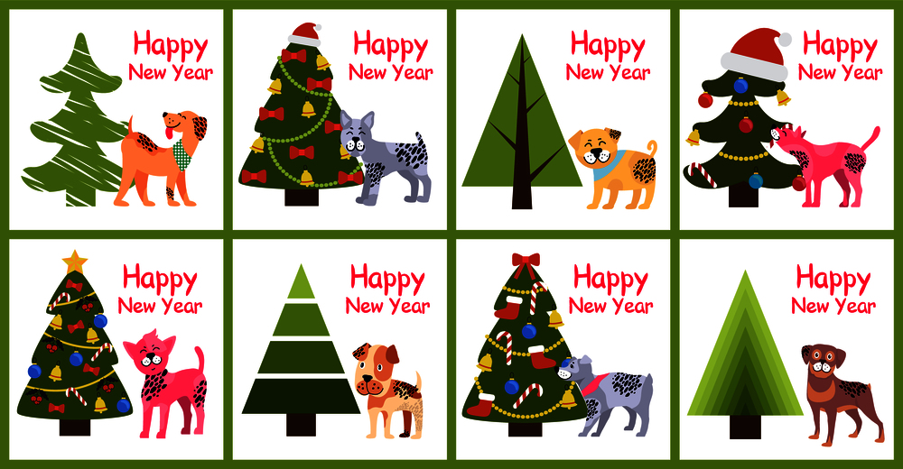 Happy New Year posters 2018 set with abstract Christmas trees and cute spotted puppies vector illustration greeting cards isolated on white background. Happy New Year Posters Set Christmas Trees Puppies