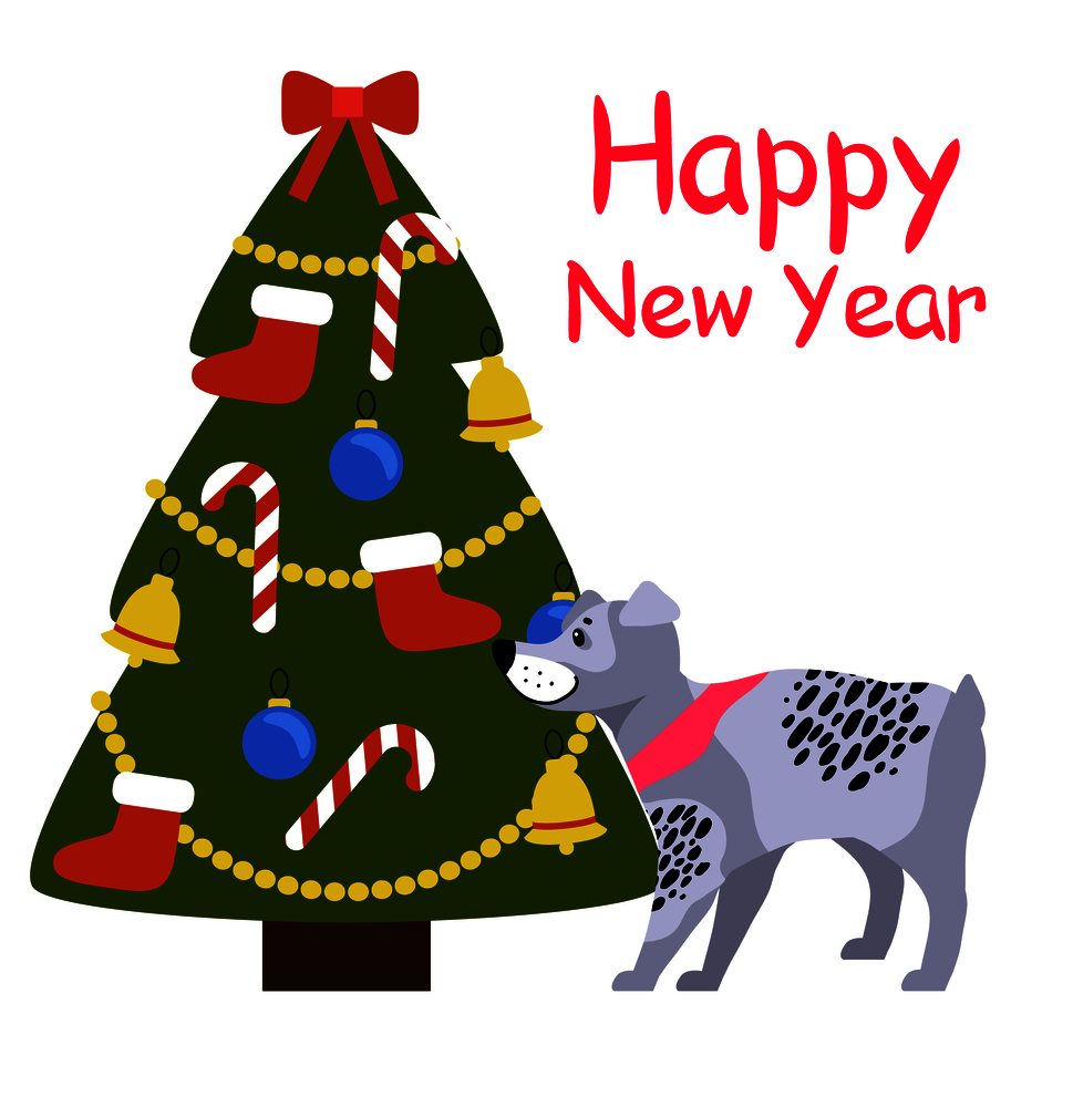 Happy New Year banner with grey dog in pink collar standing near decorated Christmas tree with red socks, golden garlands, sweet candy sticks vector. Happy New Year Banner with Grey Dog near Xmas Tree