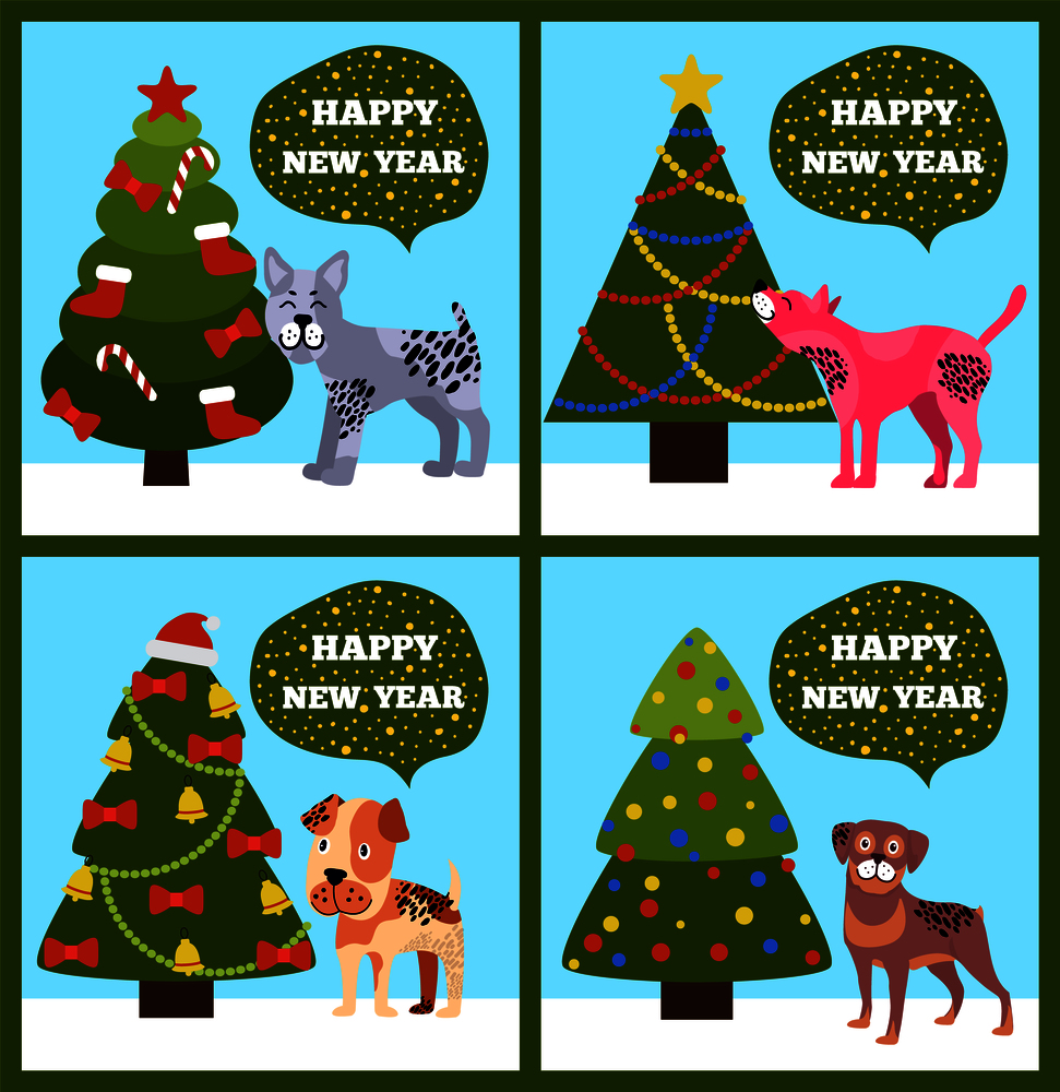 Happy New Year banners with dotted puppies under Christmas trees set of vector illustration greeting cards on green background, merry wishes. Happy New Year Banners with Dotted Puppy Tree Set