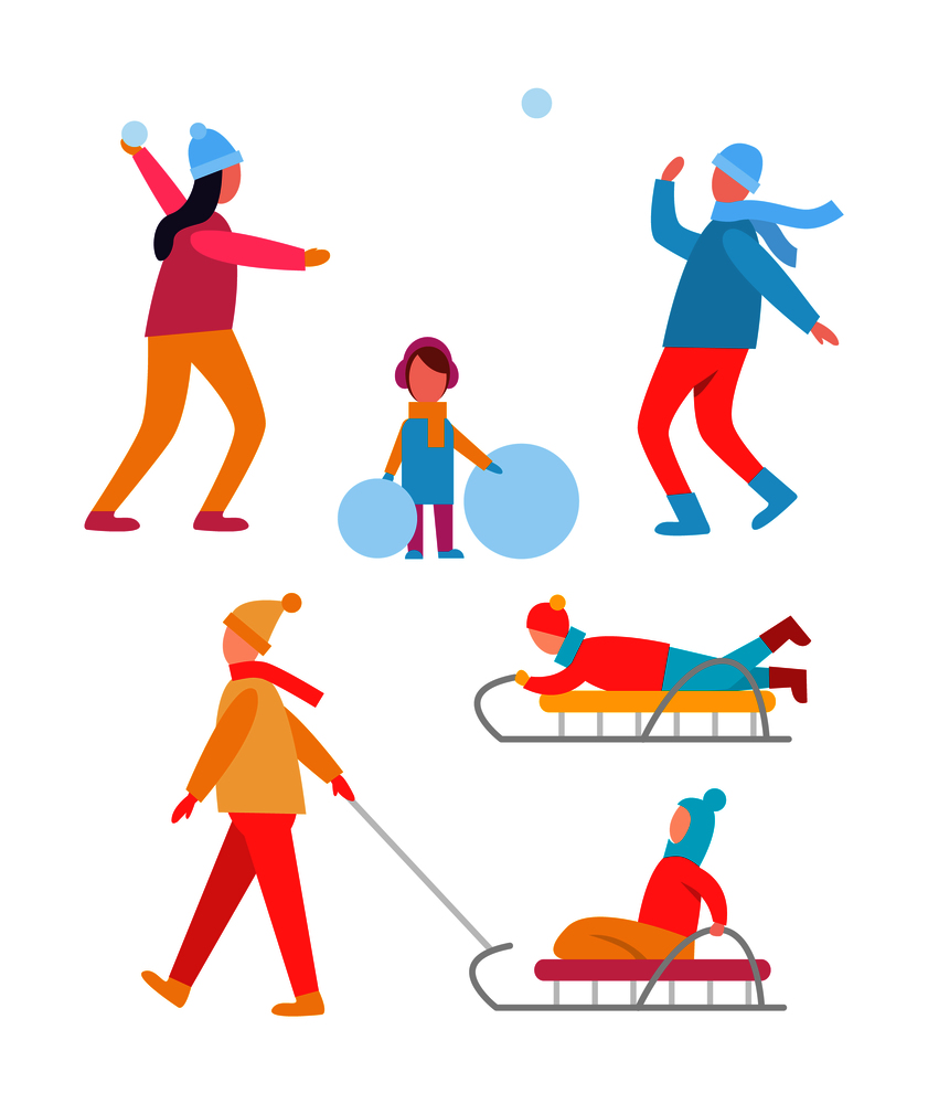 Peoples activities in winter, couple playing snowball fight and girl standing with balls of snow, mother and son on sled vector illustration. Peoples Activities in Winter Vector Illustration