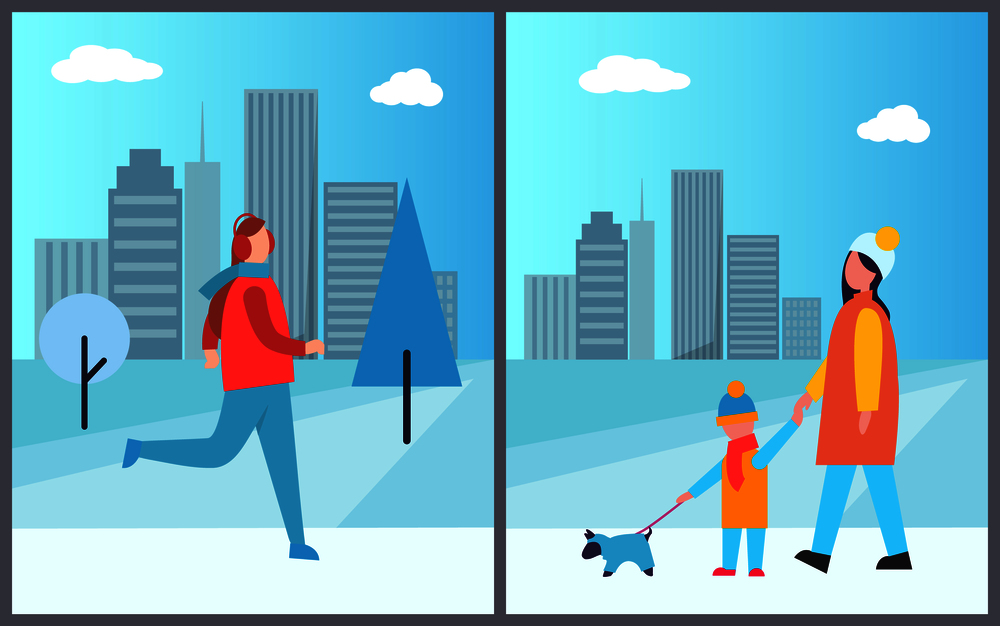 Man skiing and family walking dog, active holidays passed in town, cityscape with skyscrapers and high building with trees vector illustration. Man Skiing and Family Walking Vector Illustration