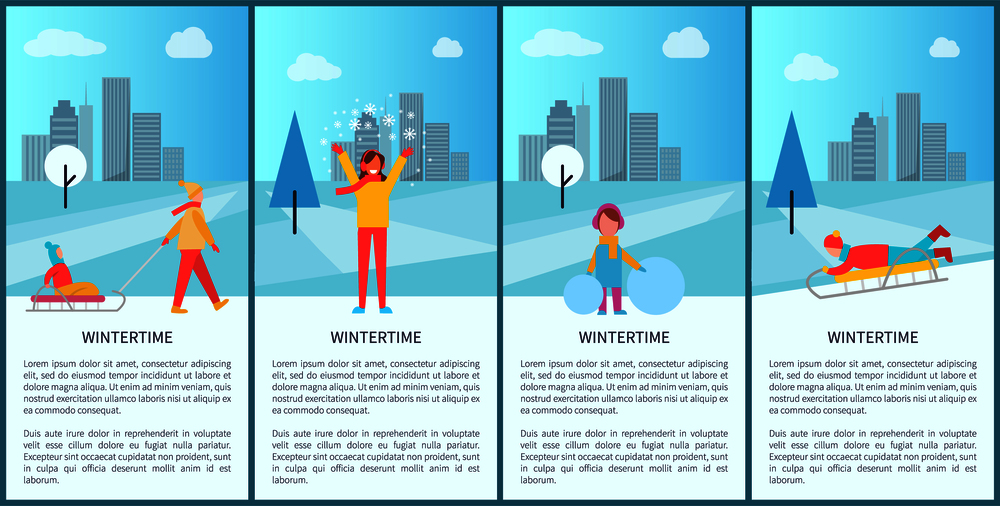 Wintertime city park activity with people making fun, ice-skating or sledding. Vector illustration with happy families in snowy beautiful urban park. Wintertime City Park Activity Vector Illustration