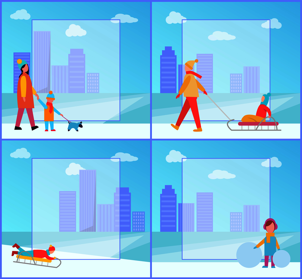 Winter posters collection with mother and child walking dog and having hun, kids and winter activities, filling form isolated on vector illustration. Winter Posters Collection on Vector Illustration