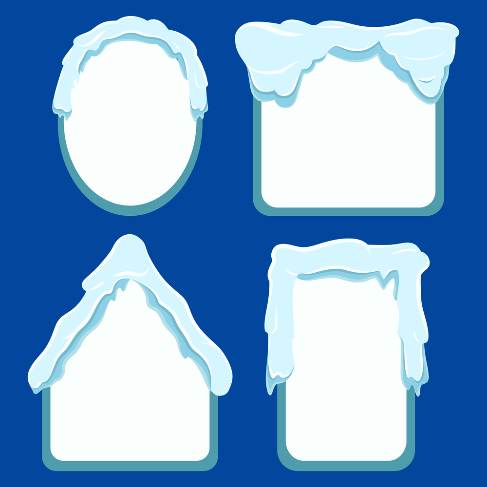 Frames of oval, square, rectangular and house shapes labels with space inside for writing or pictures. Vector poster of snowy tags collection with icy decor on top. Winter frames banners set. Frames Covered with Snow Set on Blue Background